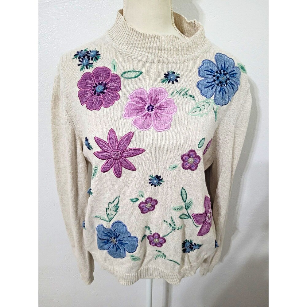 Vintage Cottagecore L Beige Knit Mock Neck Embroidered Floral Sweater